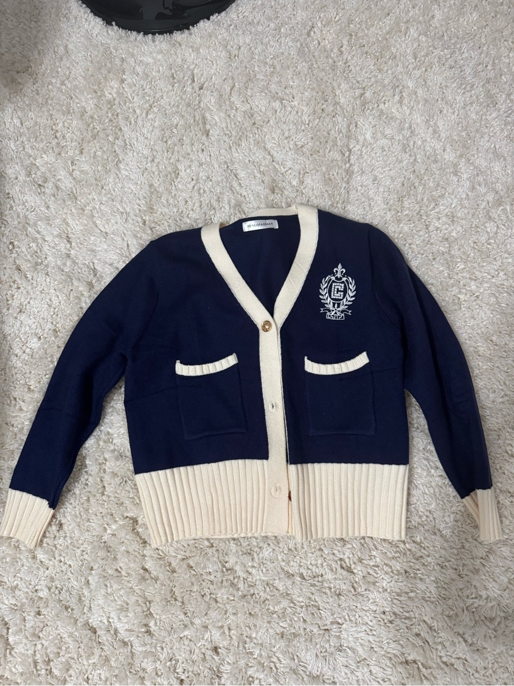 Navy and Cream Crest Trim Knit Cardigan